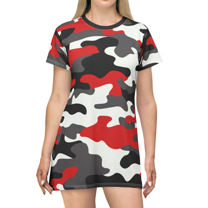 Camo T-Shirt Dress | Red, Black, and White Camouflage