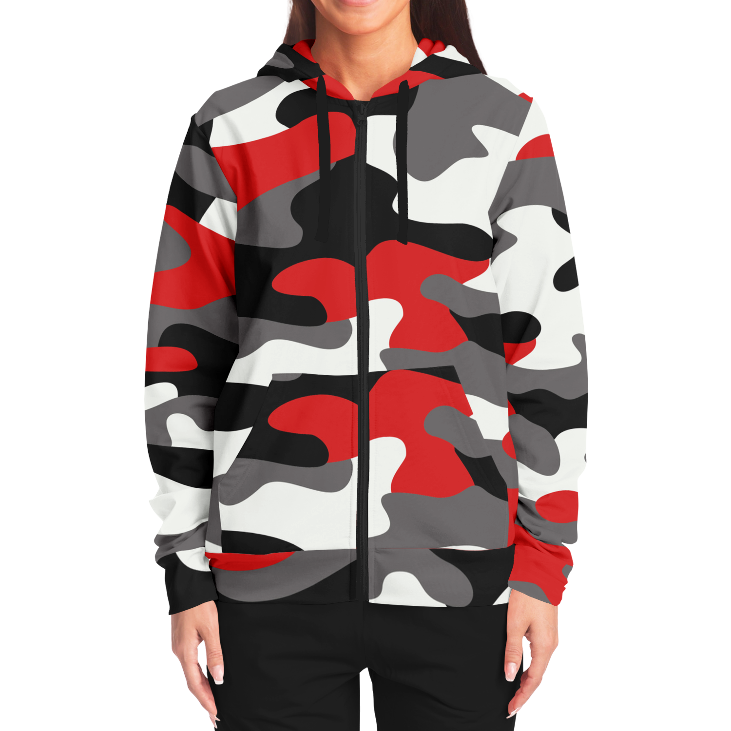 Zip-Up Hoodie | Red, Black, and White Camouflage