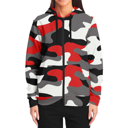 Zip-Up Hoodie | Red, Black, and White Camouflage