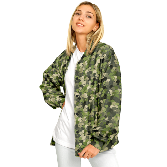 Baseball Jacket in Green, Olive, & Beige Skulls Camo Print