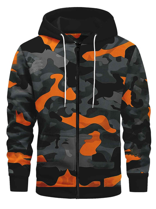 Men's Camo Print Zip-Up Hoodie | Sporty Wear with Drawstring