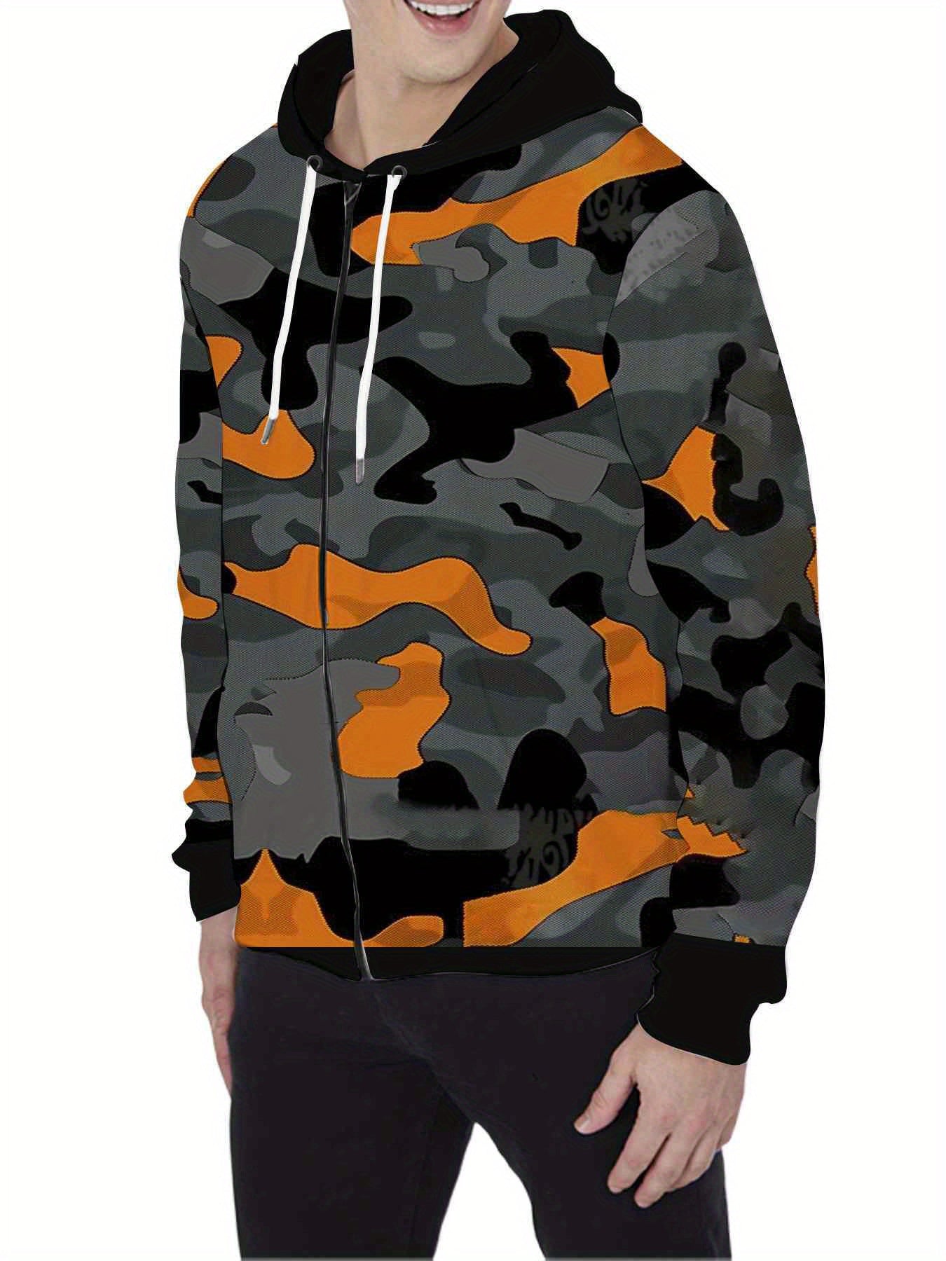 Men's Camo Print Zip-Up Hoodie | Sporty Wear with Drawstring