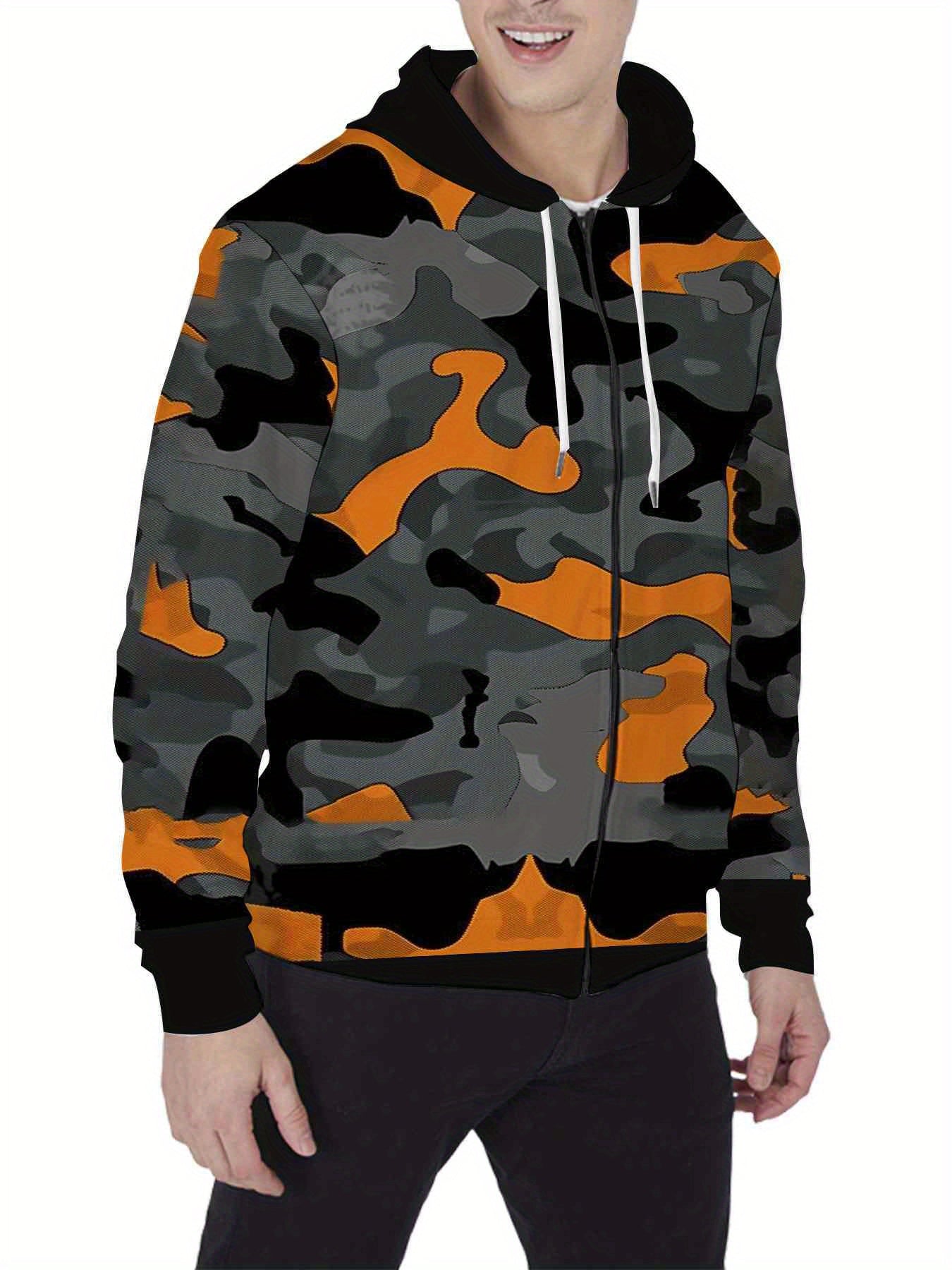 Men's Camo Print Zip-Up Hoodie | Sporty Wear with Drawstring