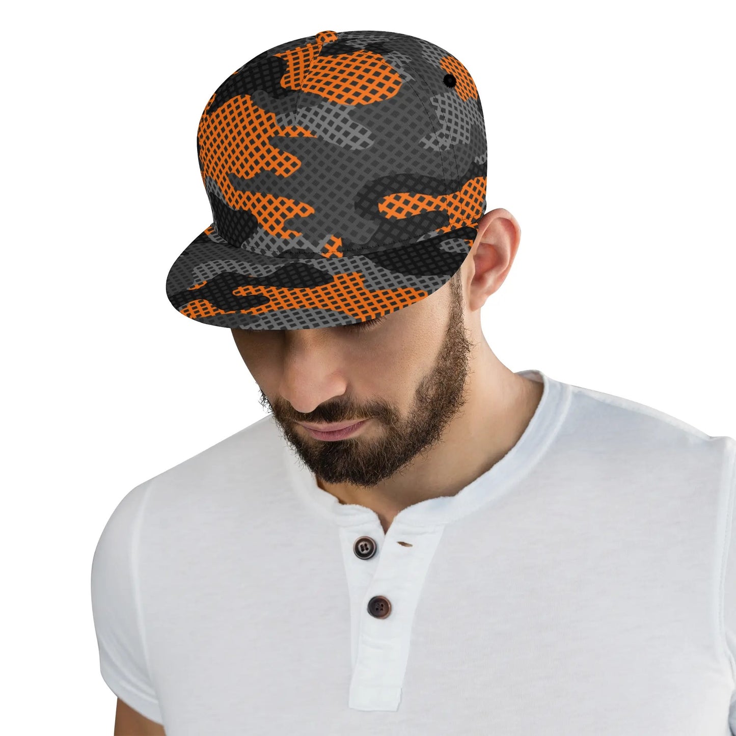 Camo Snapback | Black & Orange Pixel Camouflage