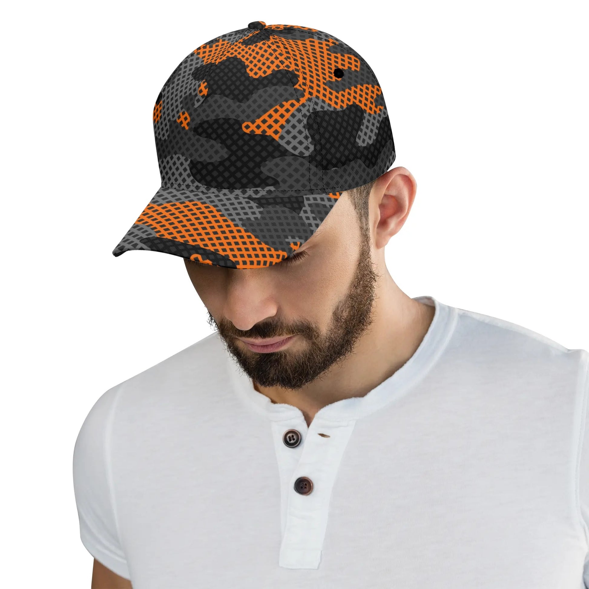 Camo Baseball Cap | Black & Orange Pixel Camouflage Hat