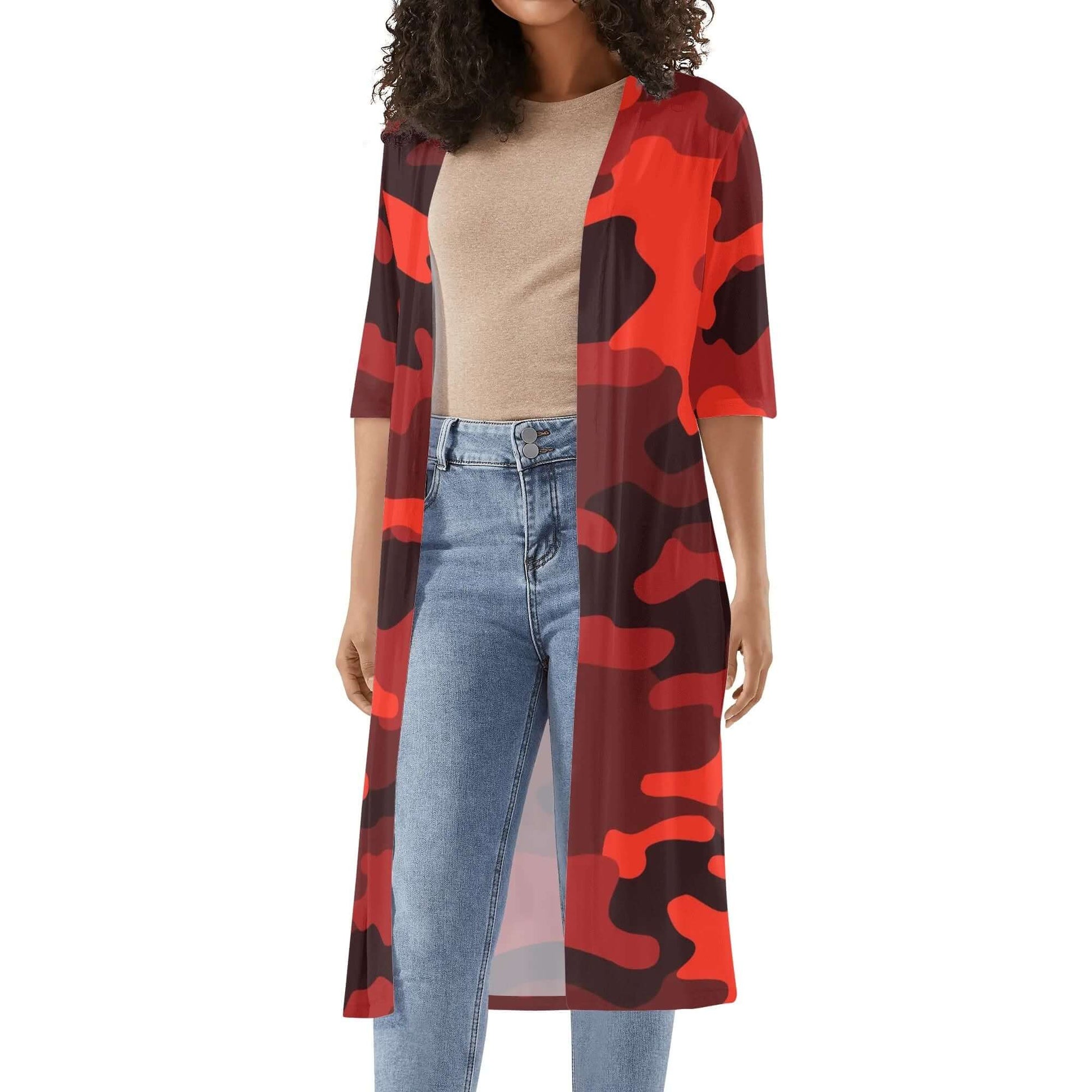 Camo Kimono | Scarlet Red & Black Camouflage Half Sleeve