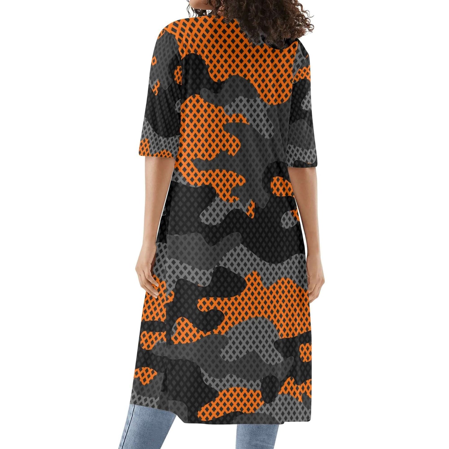 Camo Kimono | Black & Orange Pixel Camouflage Half Sleeve