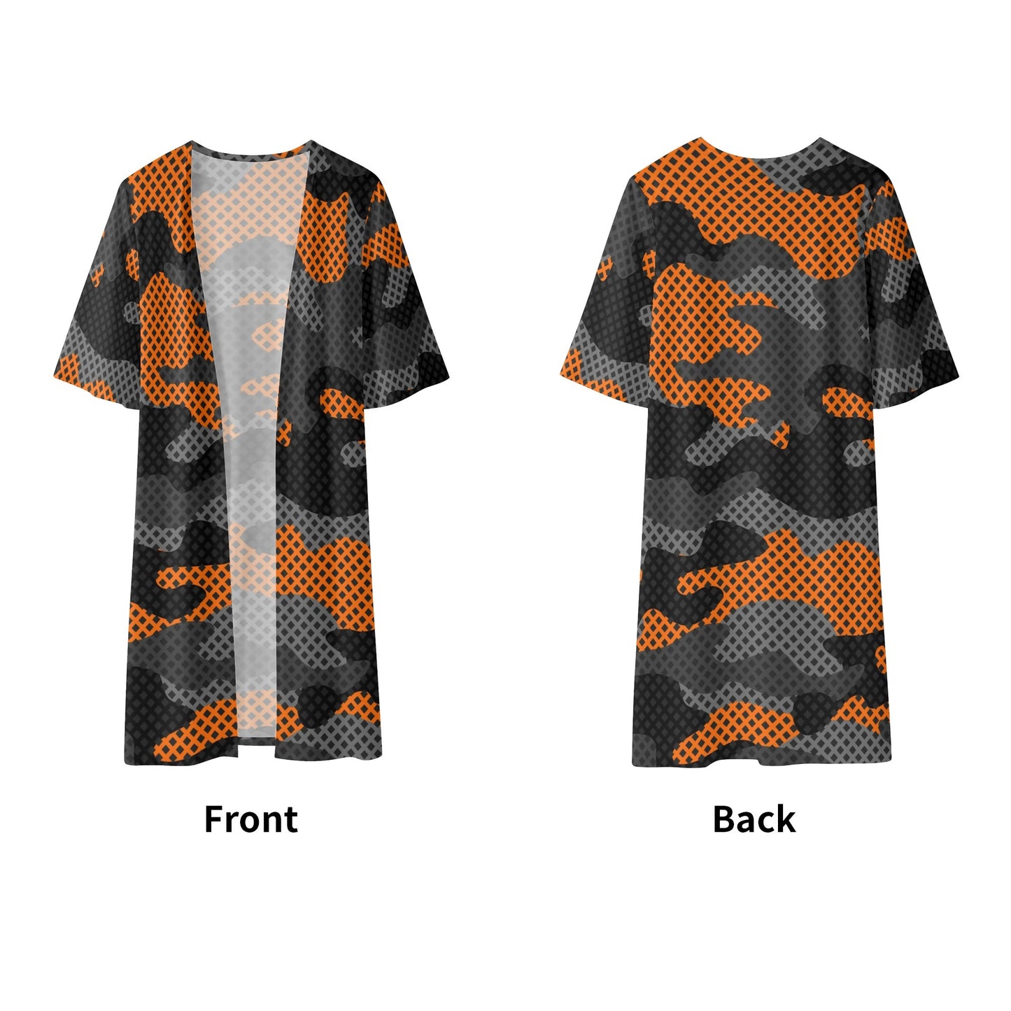 Camo Kimono | Black & Orange Pixel Camouflage Half Sleeve