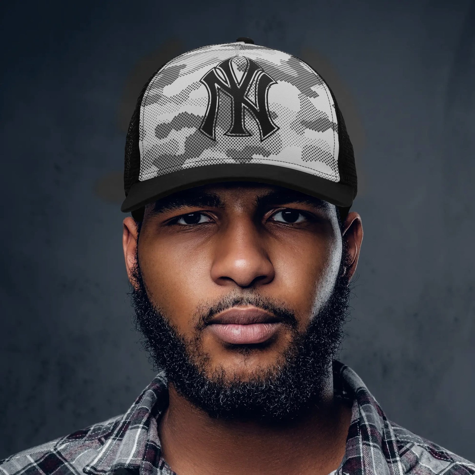 NY Camo Hat | Black & White Digital Mesh Trucker Cap