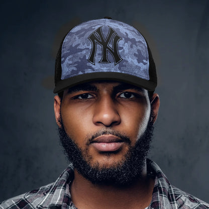 NY Camo Hat | Denim Blue Mesh Trucker Cap