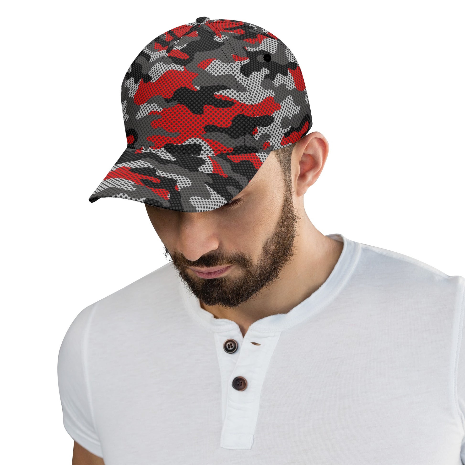 Red Camo Baseball Cap | Black and Gray Pixel Camouflage