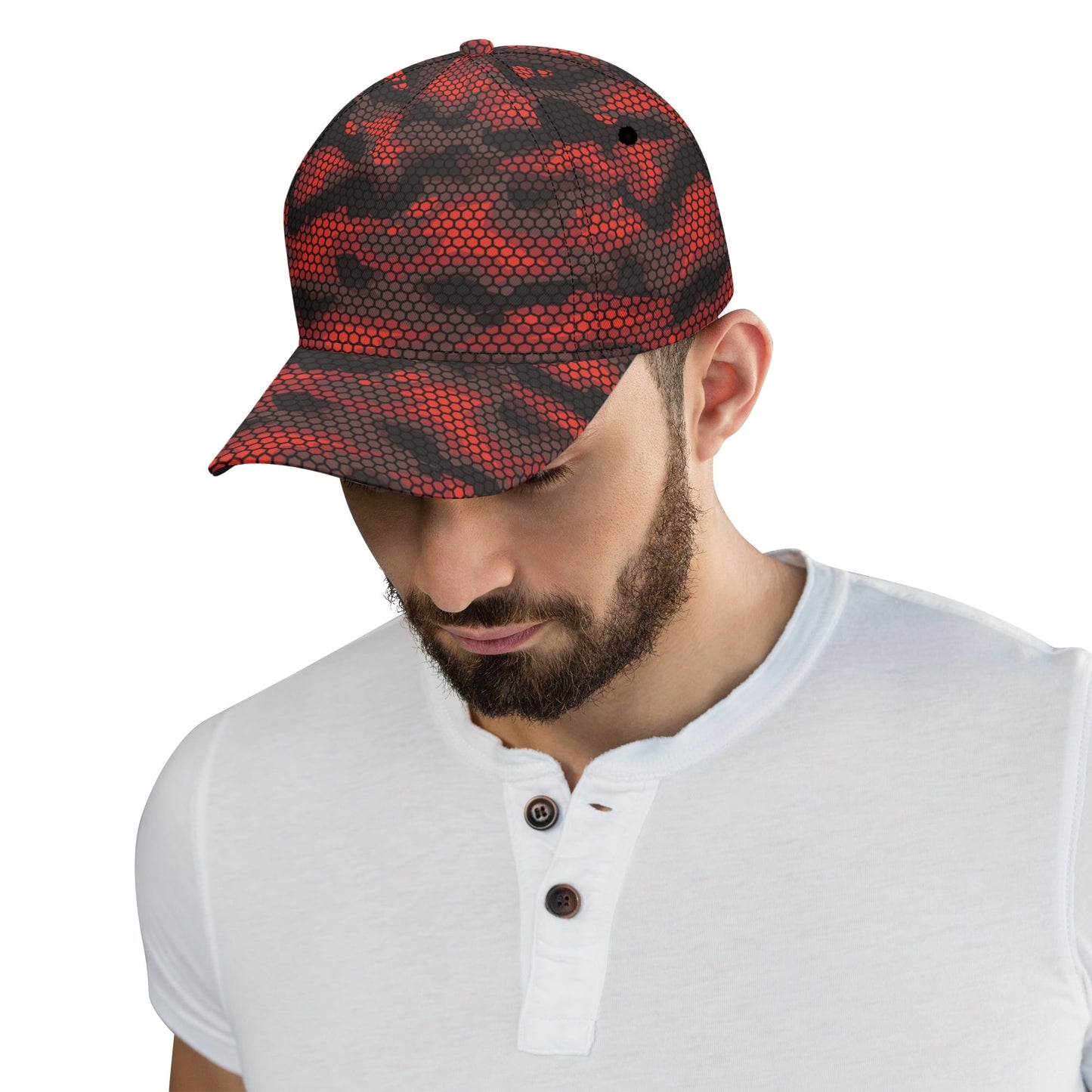 Red Camo Cap | Geometric Hive Camouflage Pattern