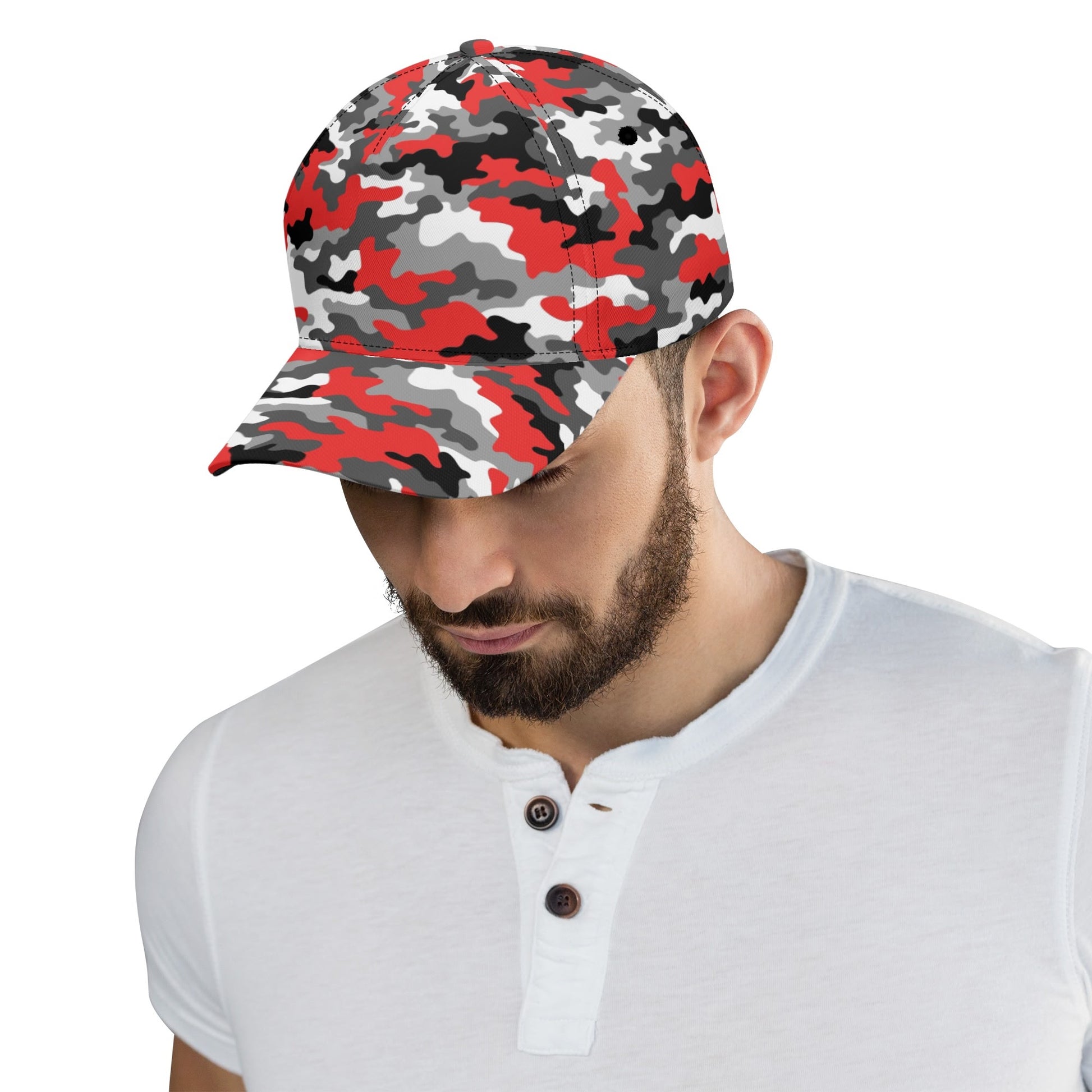 Red Camo Cap | Gray, Black, and White Mixed Camouflage