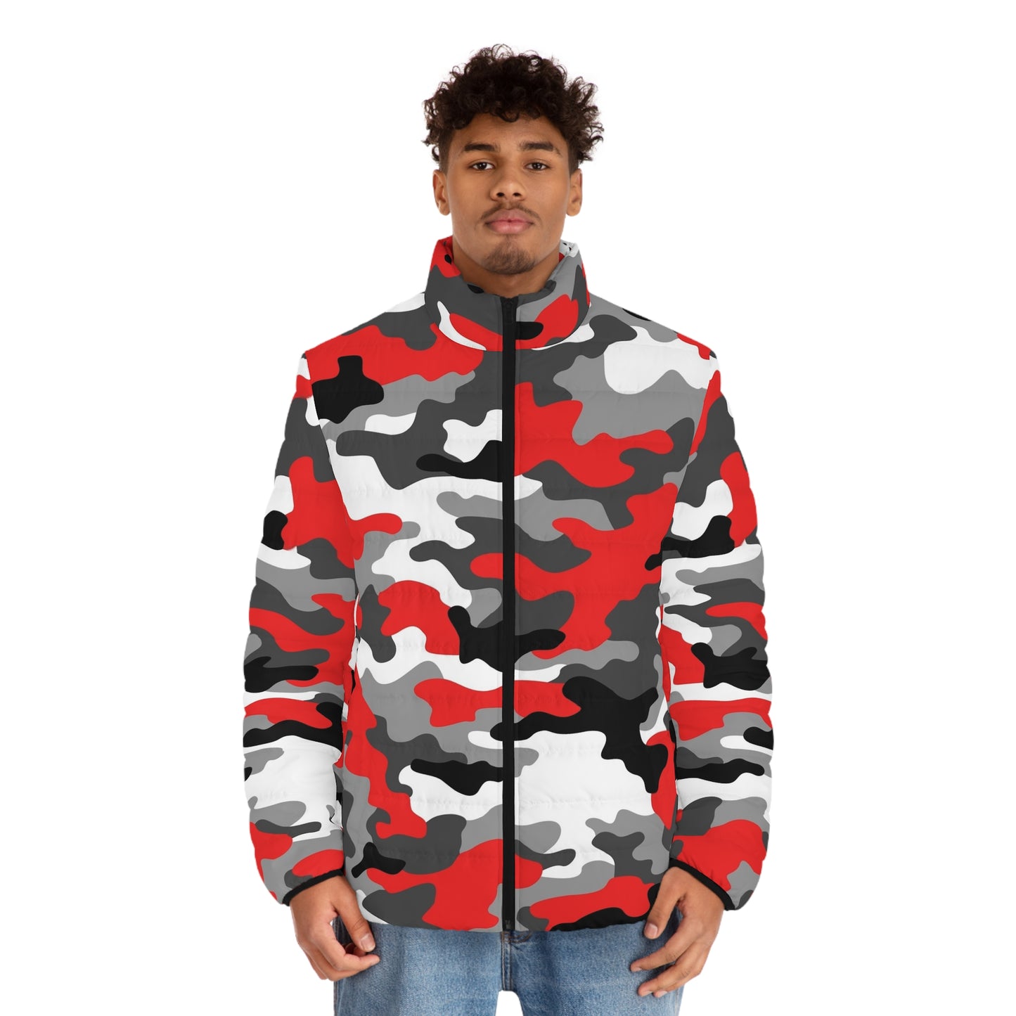 Camo Puffer Jacket For Men | Mixed Red, Gray, Black & White