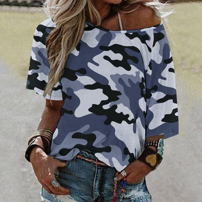 Off The Shoulder Top | Light Blue Camo Shirt