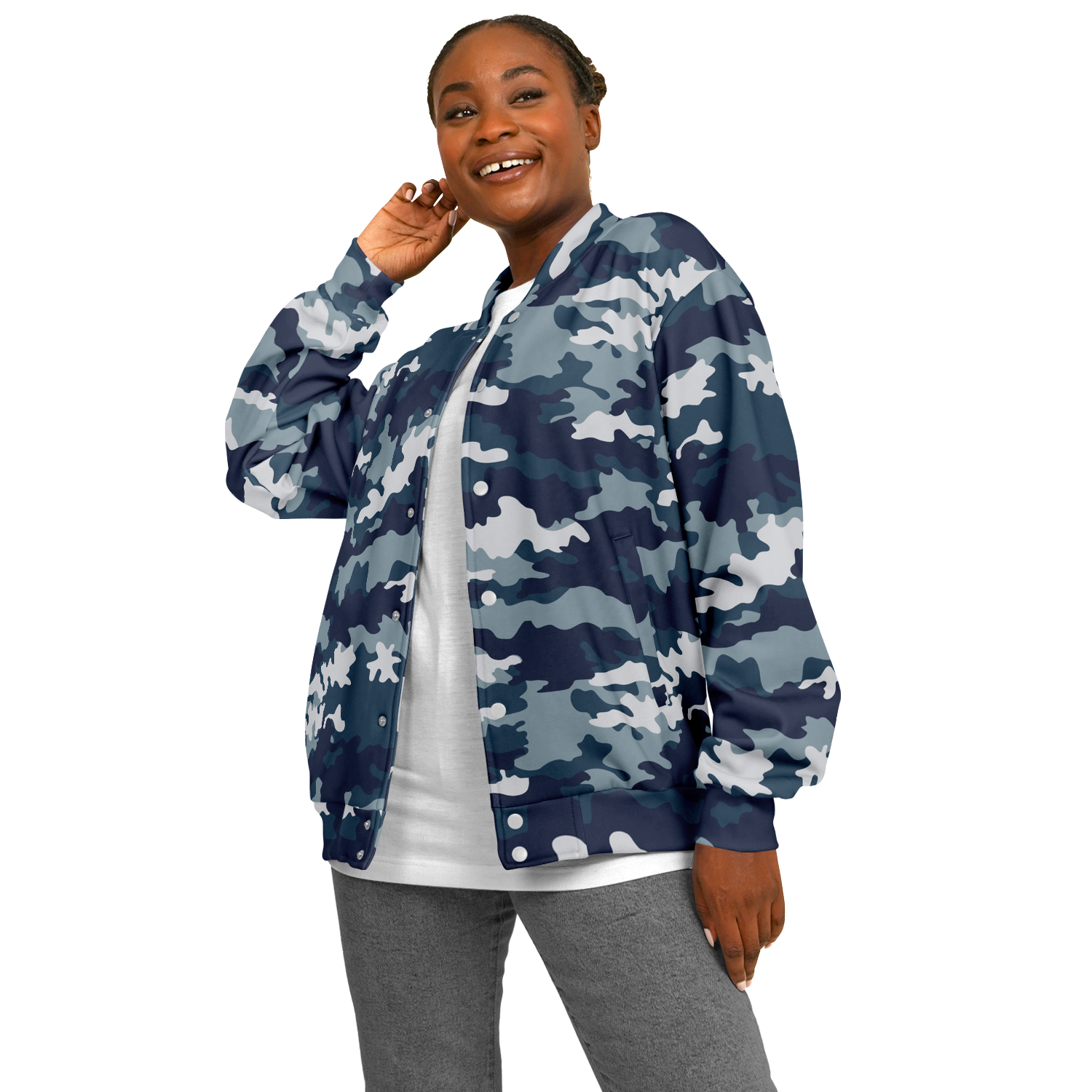 Baseball Jacket in Navy Blue Camouflage Print