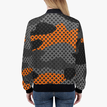 Women's Camo Bomber Jacket | Black & Orange Pixel Camouflage