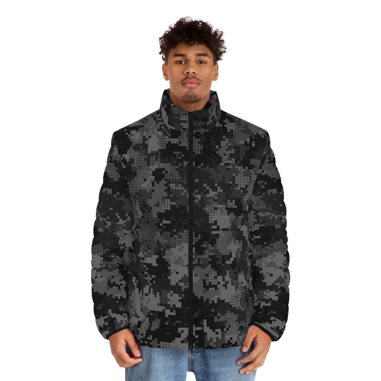 Gray Camo Puffer Jacket For Men | Digital Monochrome