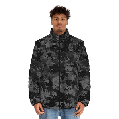 Gray Camo Puffer Jacket For Men | Digital Monochrome