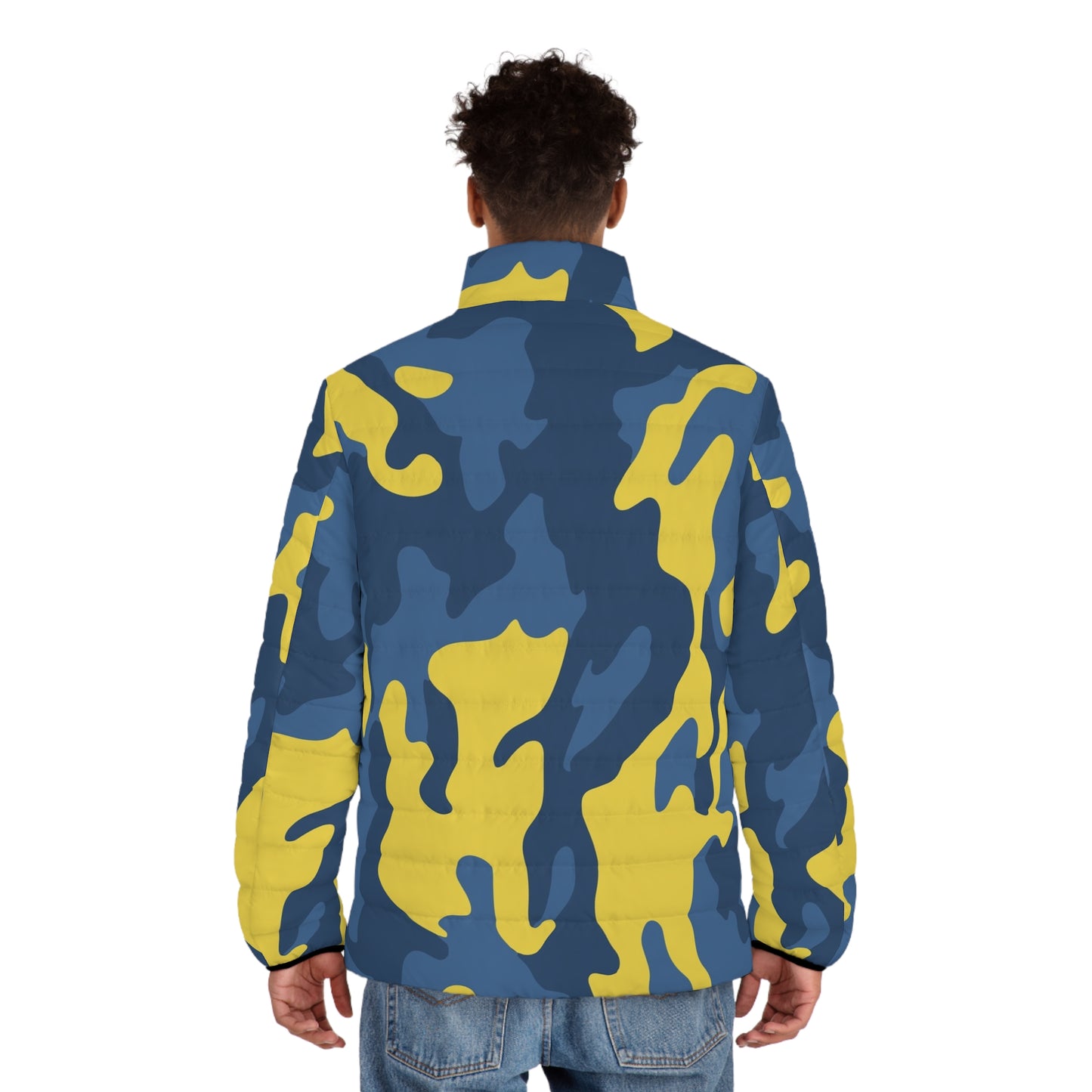 Camo Puffer Jacket For Men | Blue and Yellow Camouflage