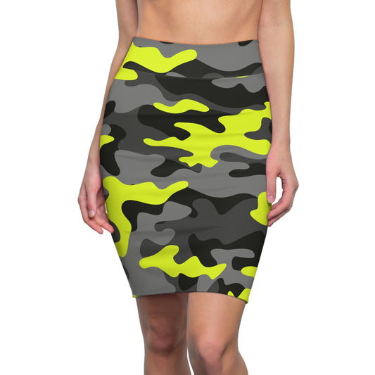 Camo Mini Skirt | Pencil Cut | Yellow, Black & Gray