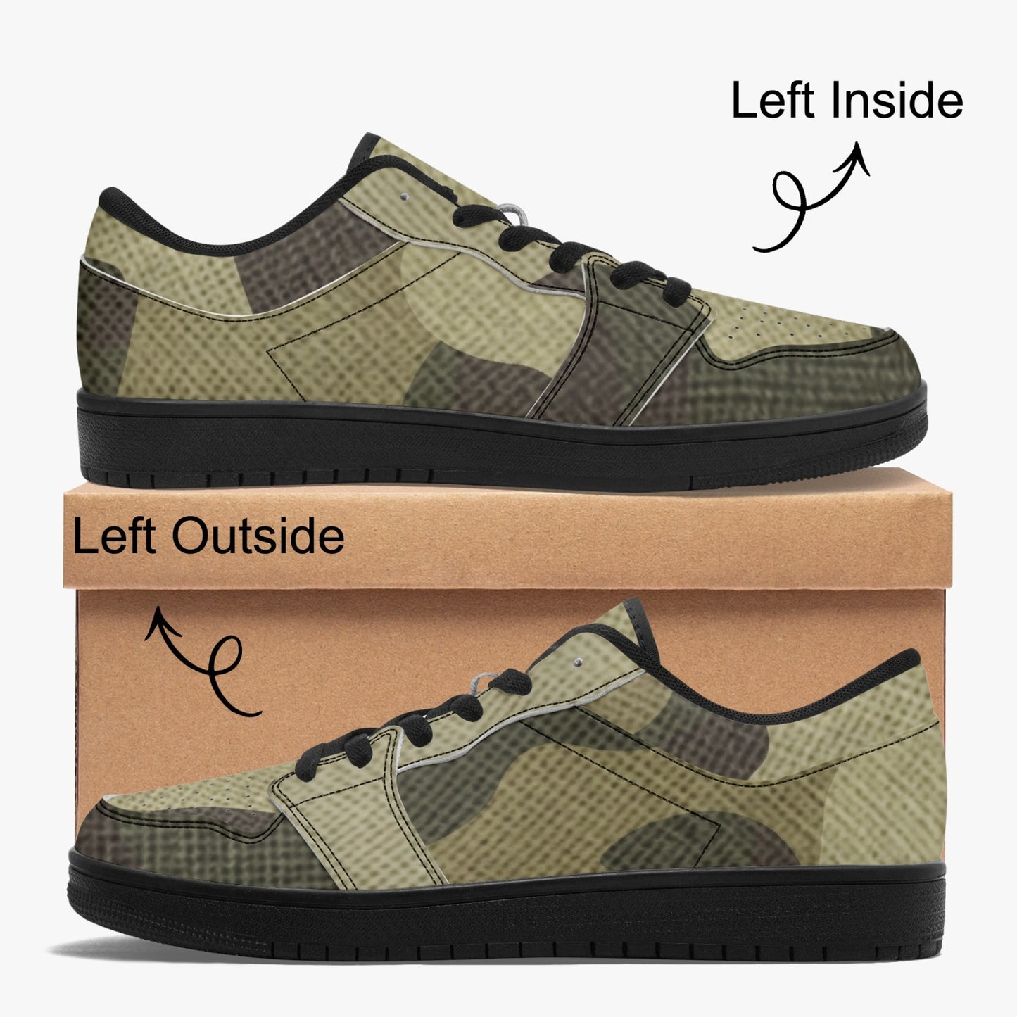 Camo Sneakers | Green Fabric Low-Top Leather Camouflage Shoes