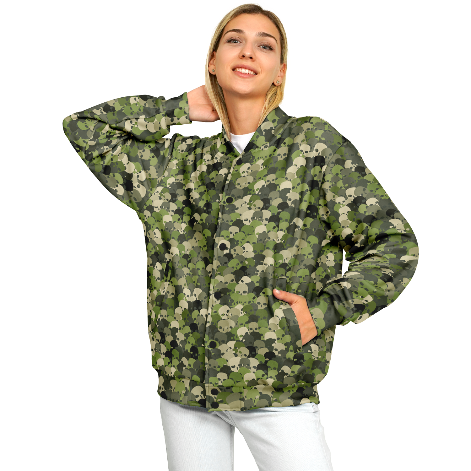 Baseball Jacket in Green, Olive, & Beige Skulls Camo Print