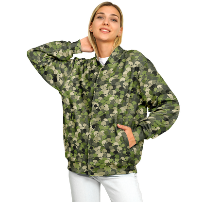 Baseball Jacket in Green, Olive, & Beige Skulls Camo Print