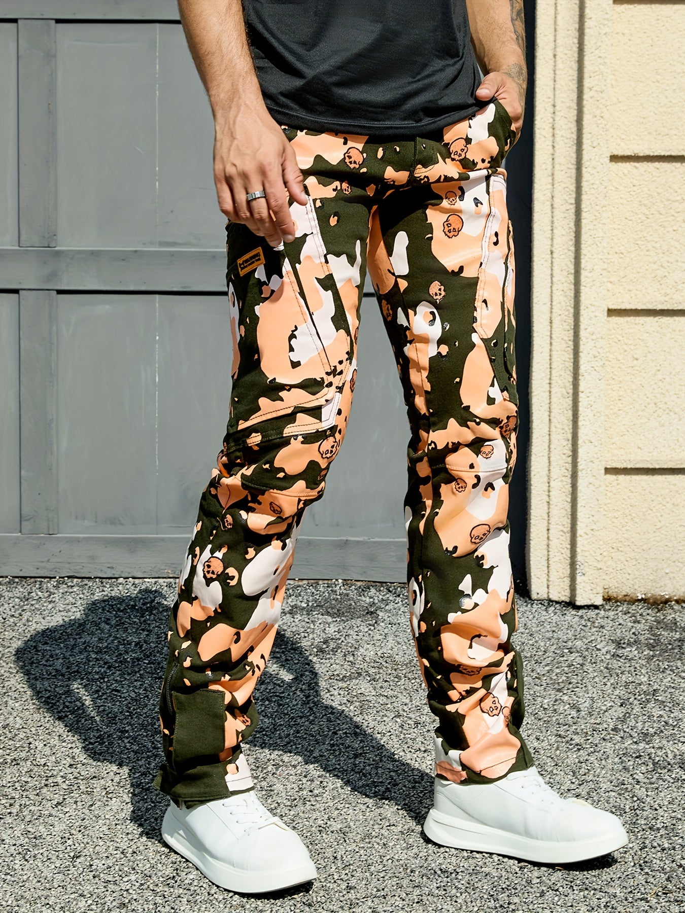 Men's Stretch Twill Pants: Full Print, Embroidery, Zipper Pockets