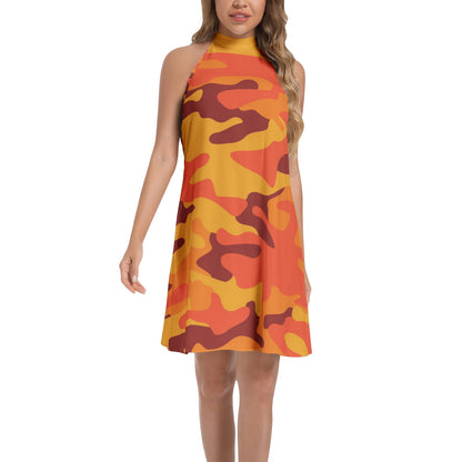 Flared Camo Dress | Halter Neck | Orange and Red Camouflage