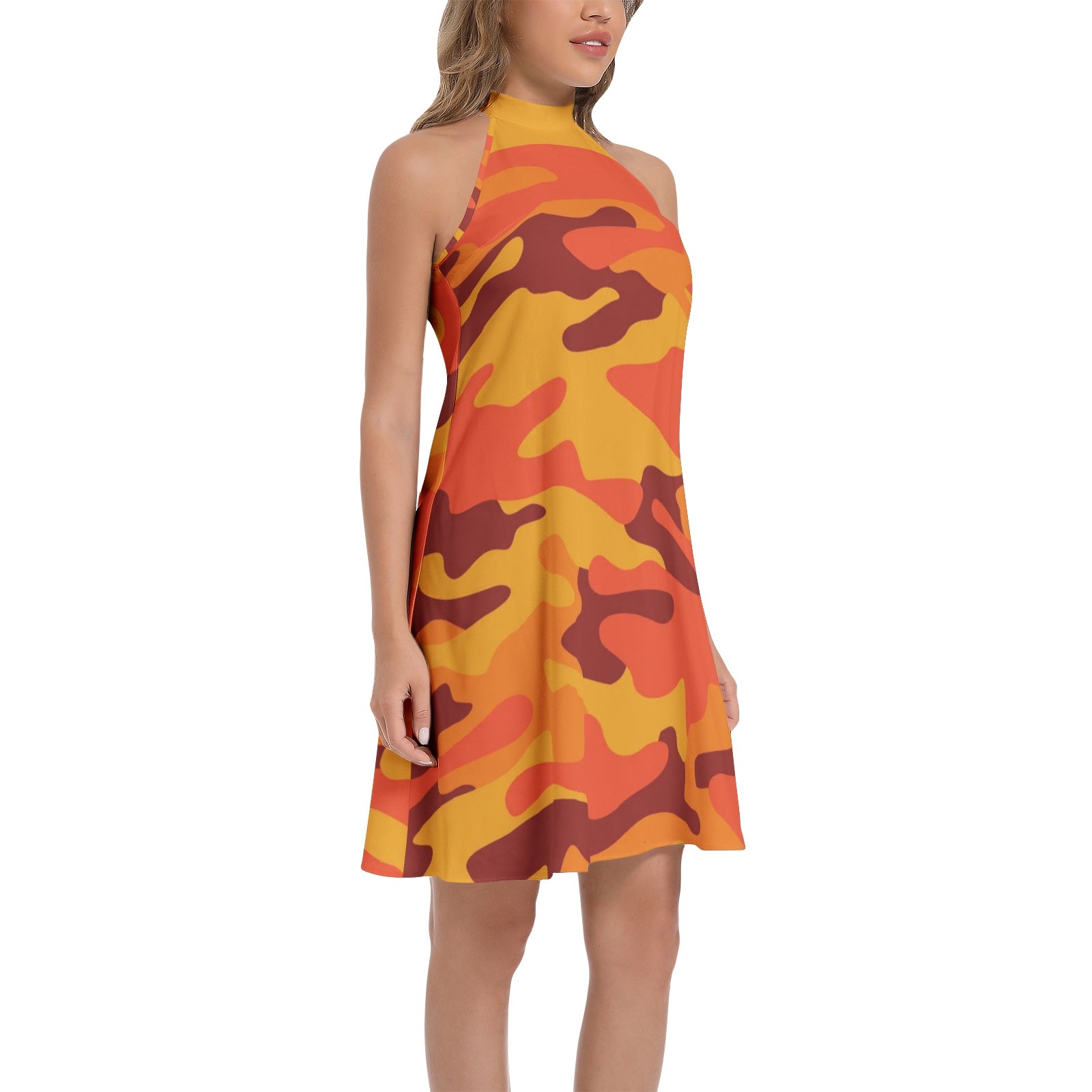 Flared Camo Dress | Halter Neck | Orange and Red Camouflage