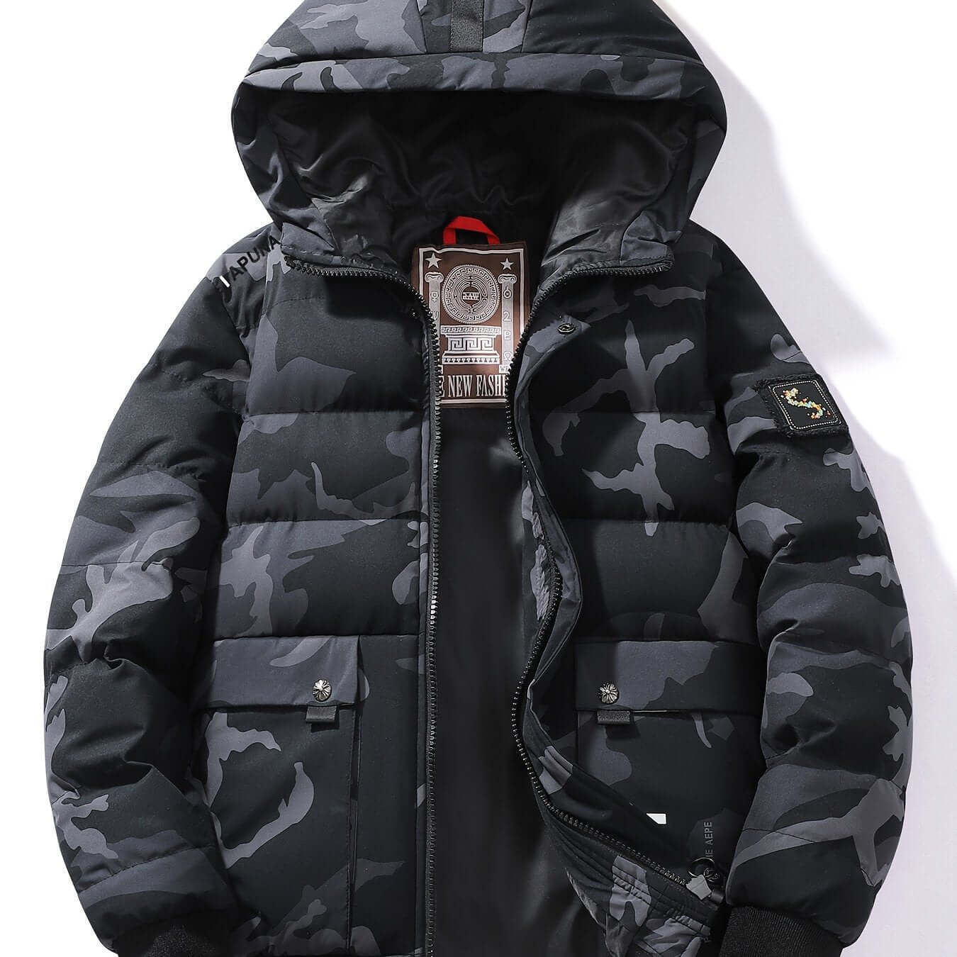 Red / Grey Men's Hooded Camo Puffer Jacket | Regular Fit