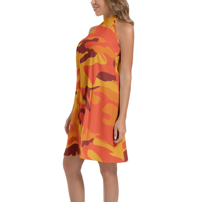 Flared Camo Dress | Halter Neck | Orange and Red Camouflage