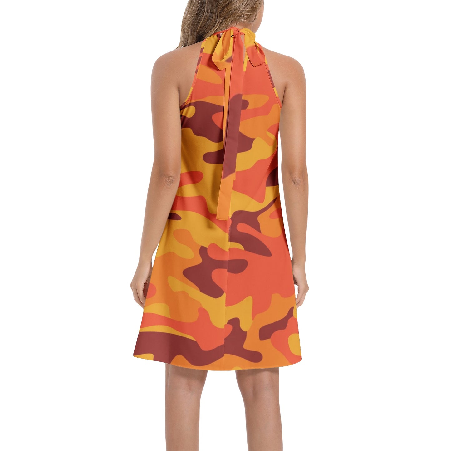 Flared Camo Dress | Halter Neck | Orange and Red Camouflage