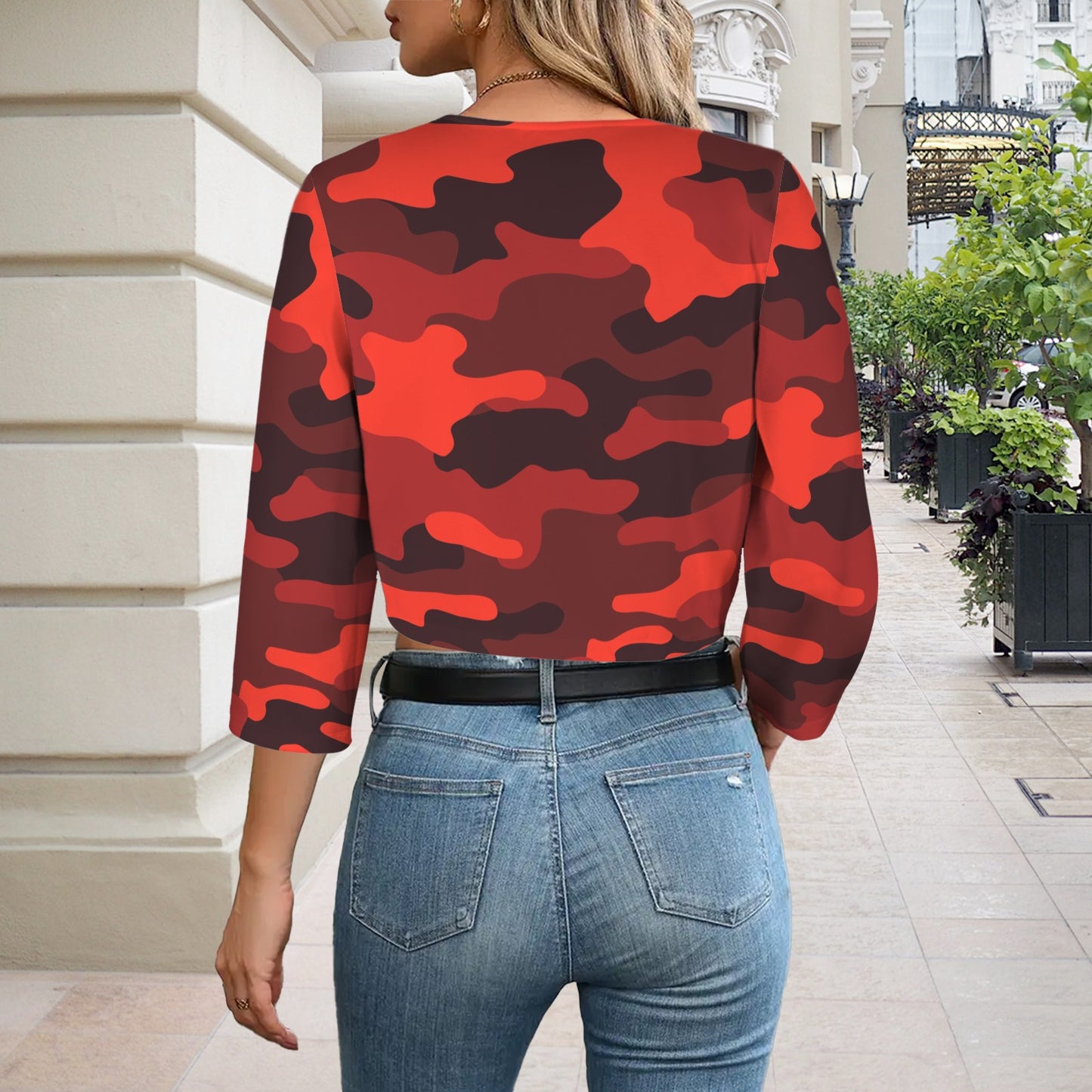 Camo Blazer | Cropped Open Front | Scarlet Red and Black Camouflage