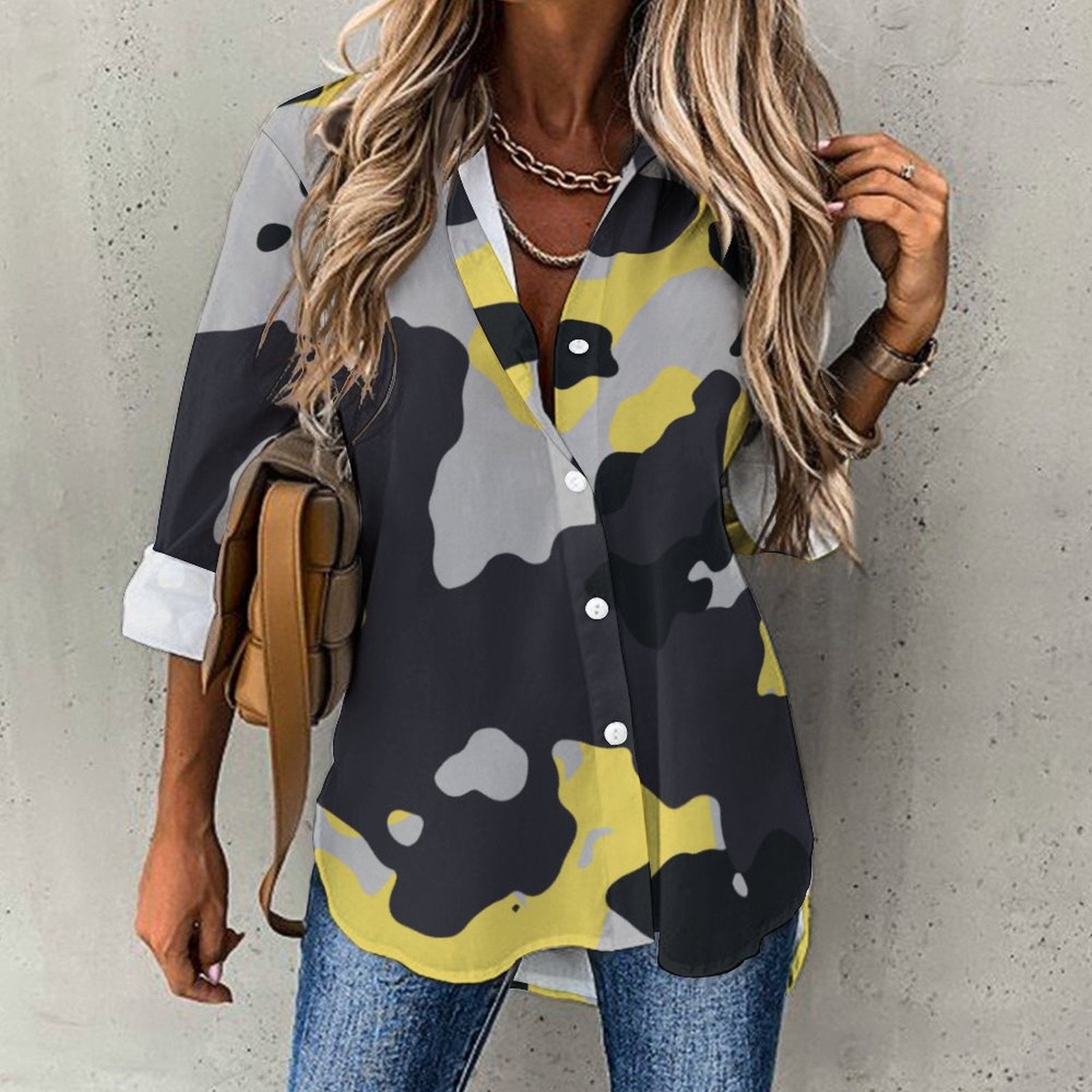 Women's Button-Up Camo Shirt | Yellow, Black & Silver