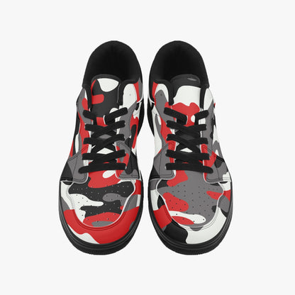 Camo Sneakers | Red Black Low-Top Leather Camouflage Shoes