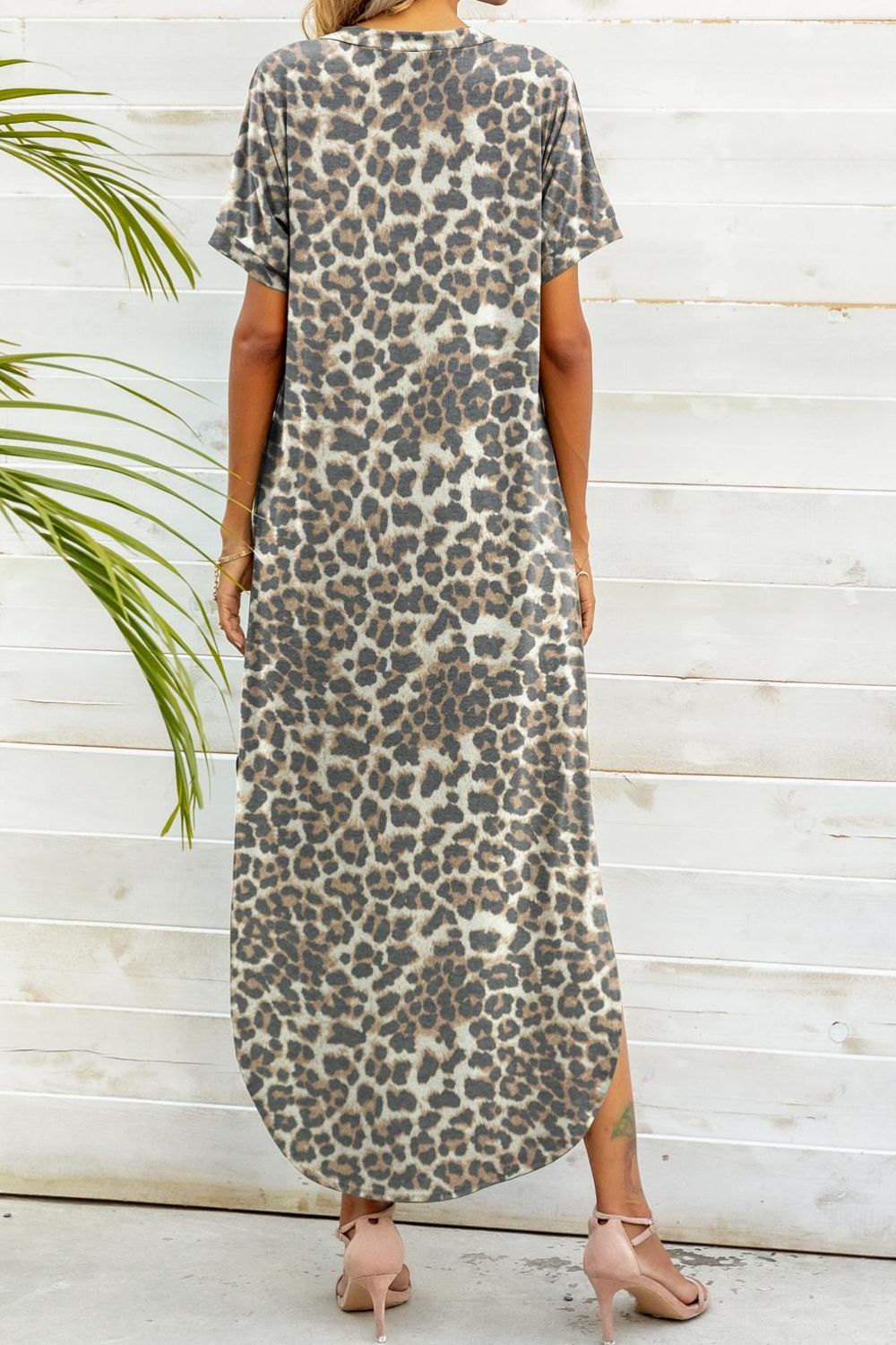 Printed V-Neck Curved Hem Camo Dress