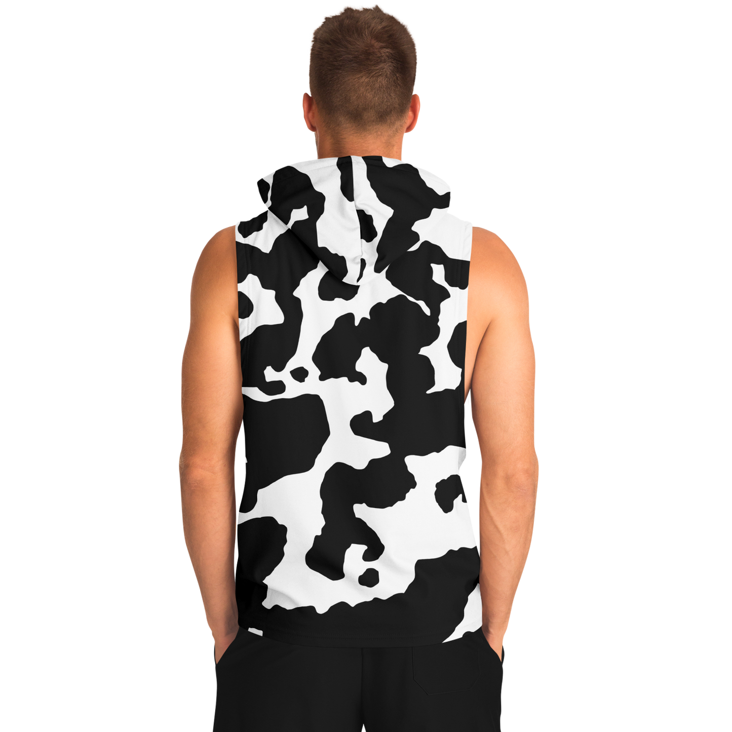 Sleeveless Hoodie | Black & White Cow Camouflage