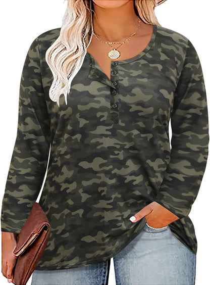 Women's plus Size Henley Top | Long Sleeve Shirts Crewneck Button up