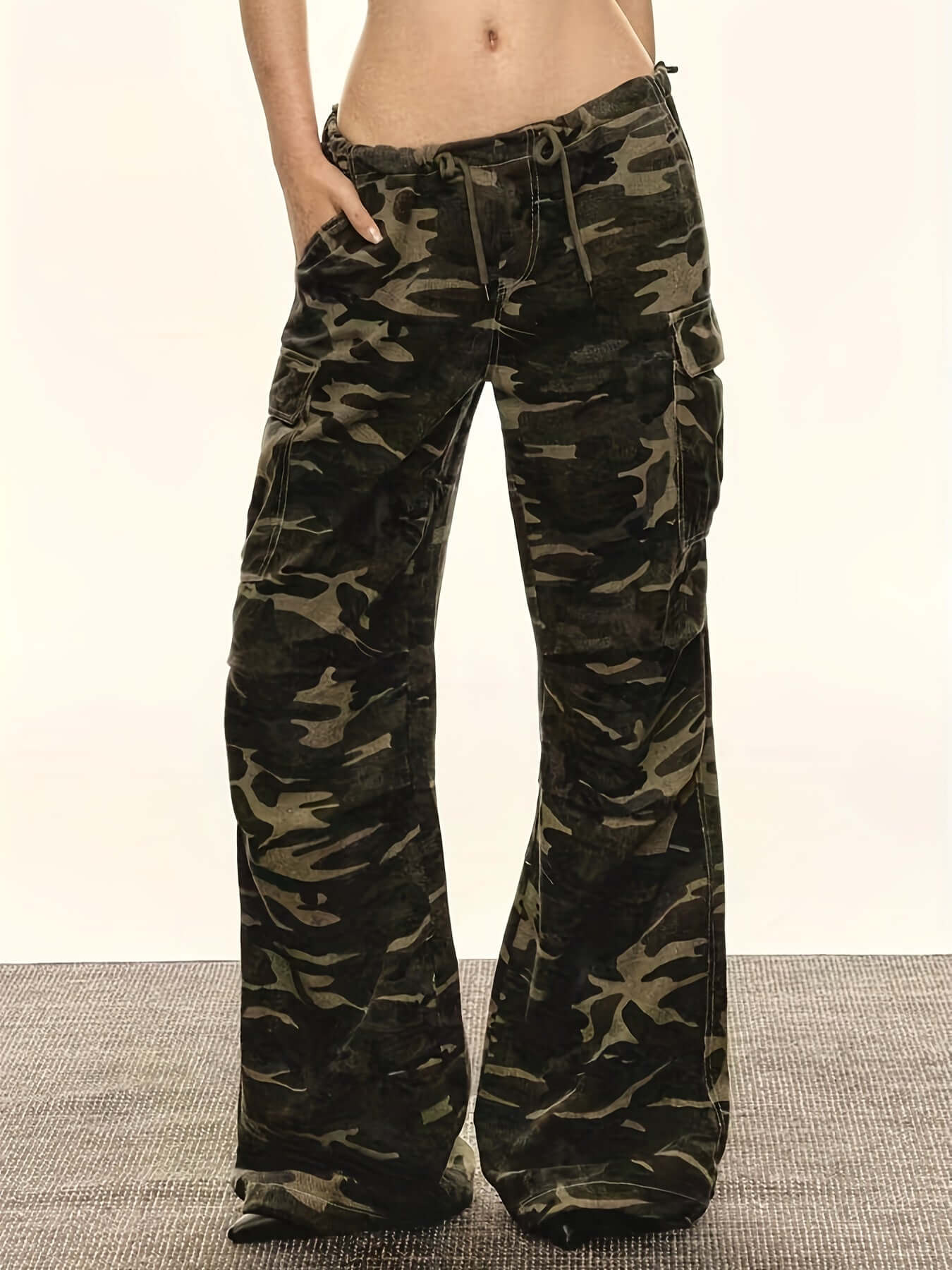 Women's Green Camo Cargo Wide Leg Denim Jeans | Cotton Blend