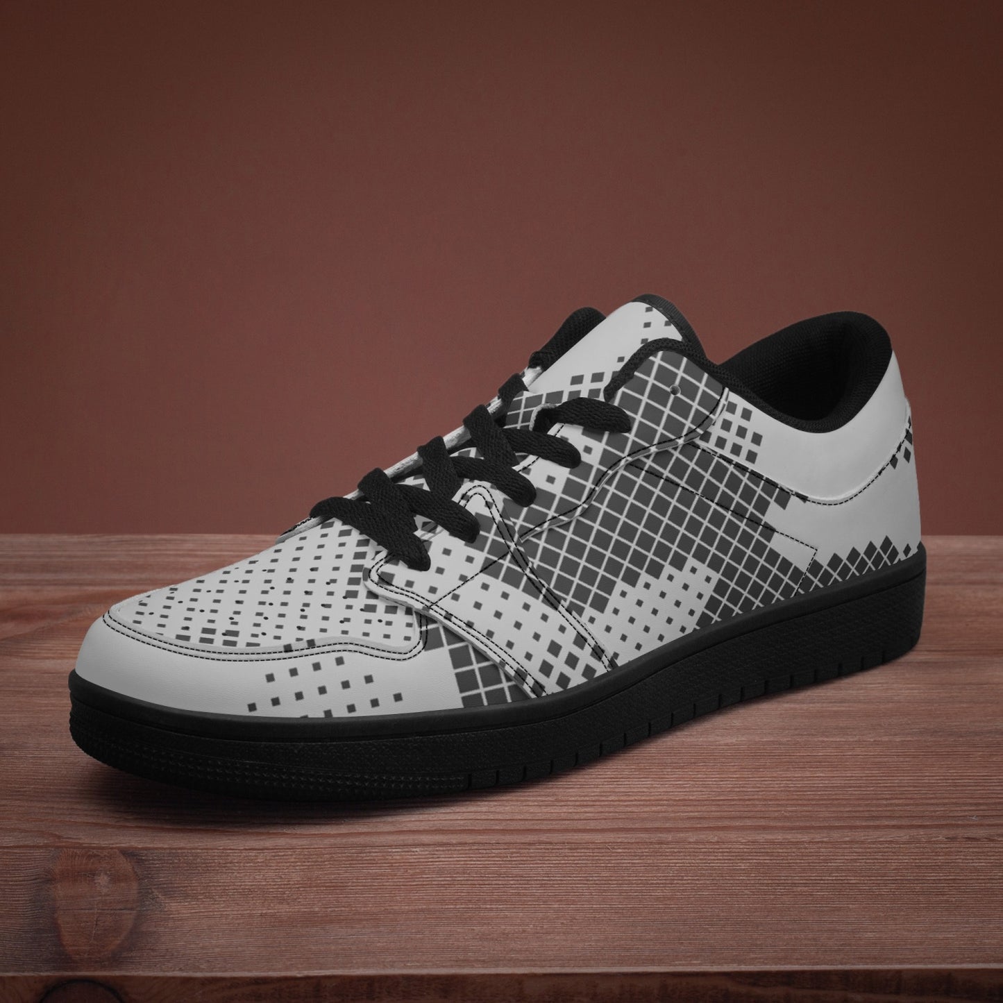 Camo Sneakers | Gray Pixel Low-Top Leather Camouflage Shoes