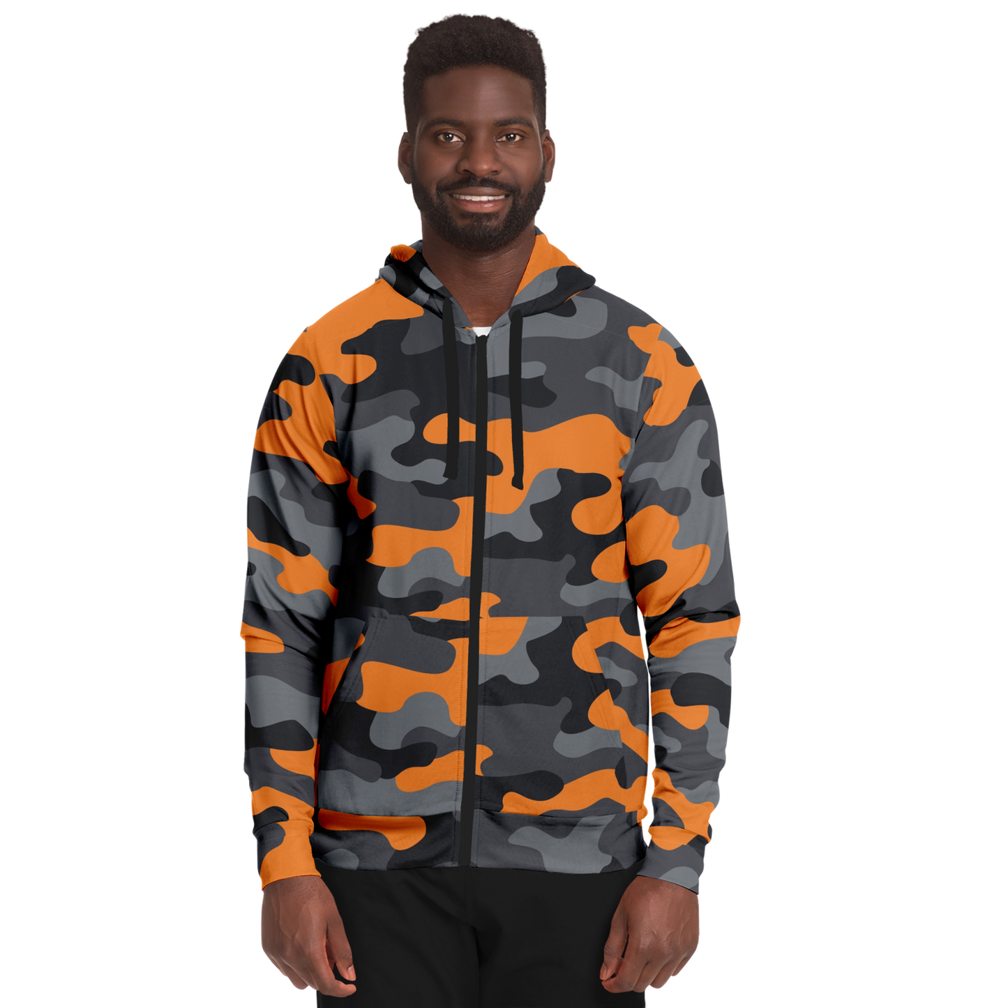 Zip-Up Hoodie | Orange, Black, and Gray Camouflage