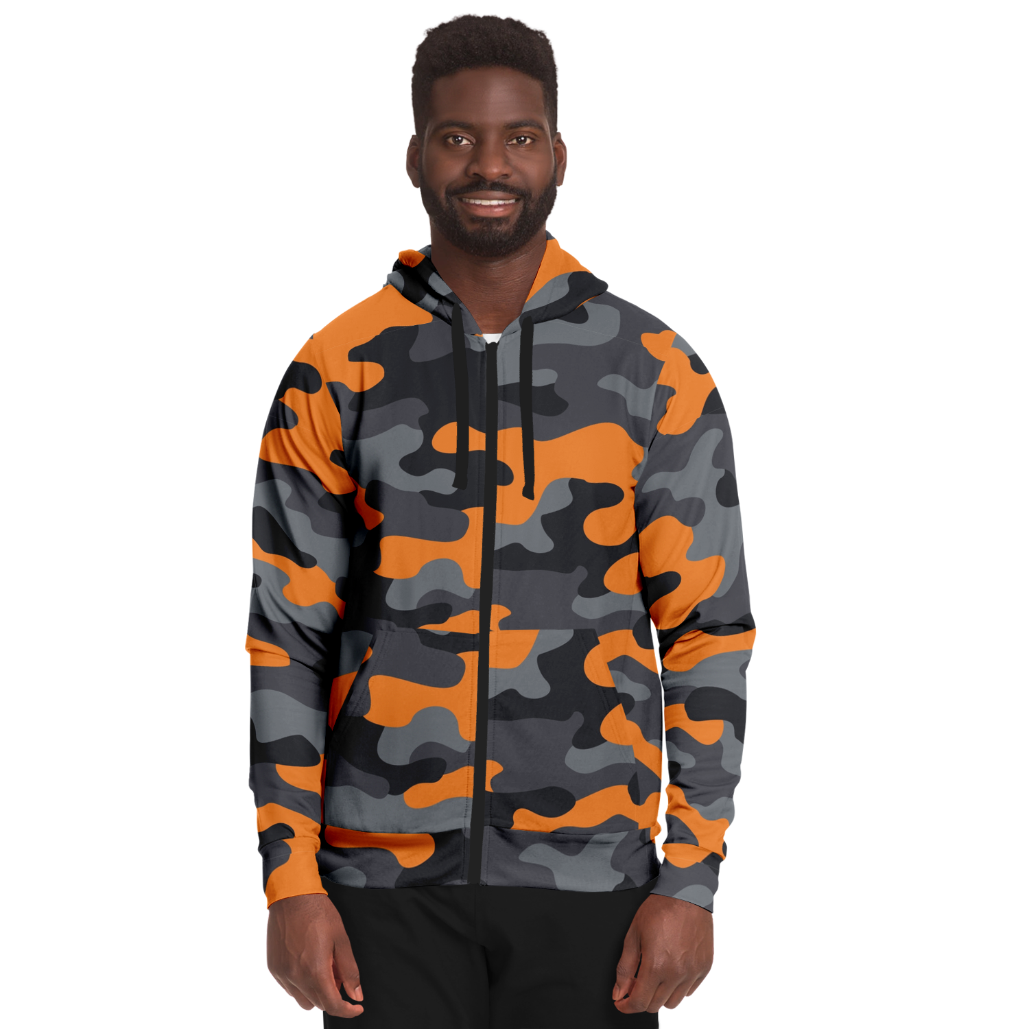 Zip-Up Hoodie | Orange, Black, and Gray Camouflage