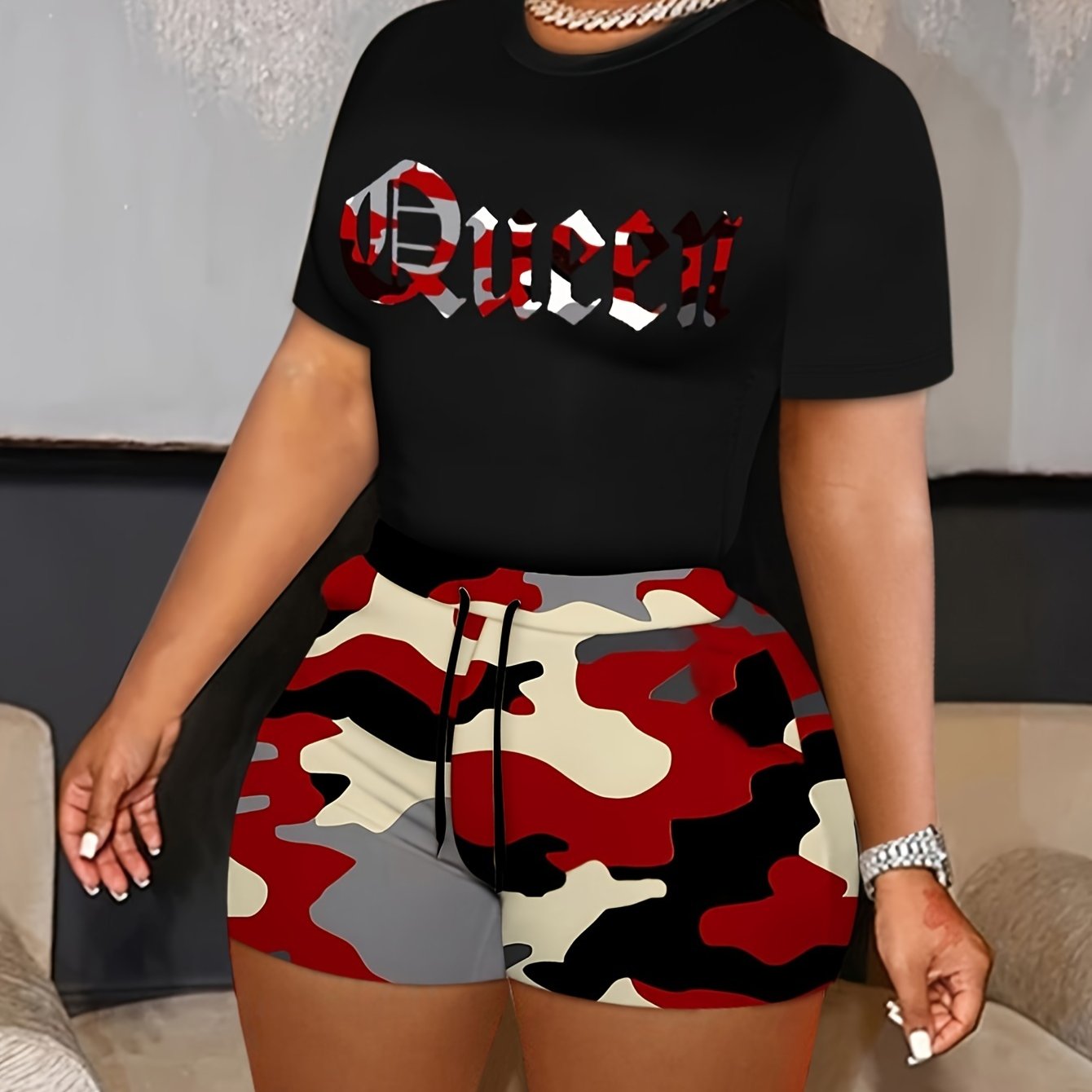 Camo Letter Print Shorts Set - T-shirt & Drawstring Waist Skinny Shorts