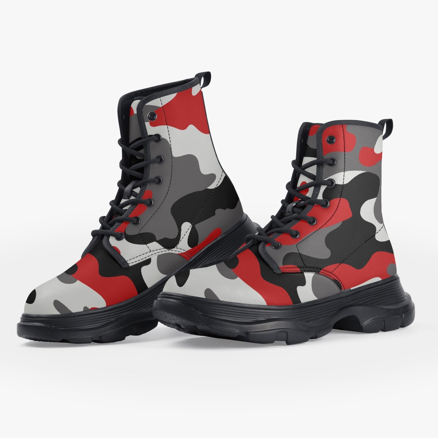 Chunky Boots | Leather in Red, Black, & White Camouflage