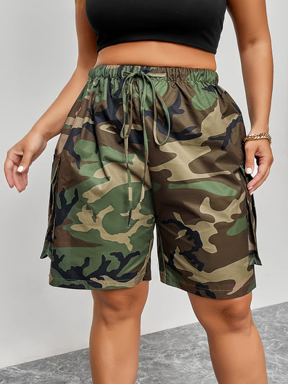 Women's Plus Size Camo Shorts: Elastic Waist, Non-Stretch Polyester