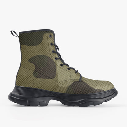 Chunky Boots | Leather in Green Fabric Camouflage