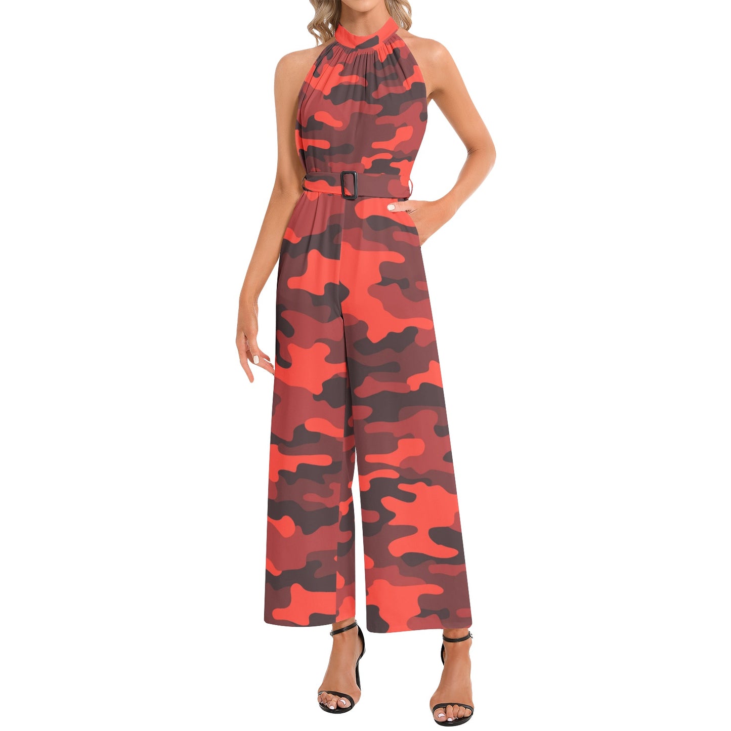 Camo Jumpsuit | Belted Halter Neck | Scarlet Red and Black