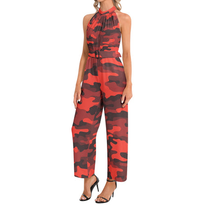 Camo Jumpsuit | Belted Halter Neck | Scarlet Red and Black